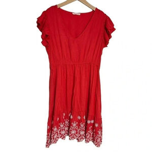 Solitaire XL poppy‎ red & white ruffled sleeve dress with eyelet trim & pockets
